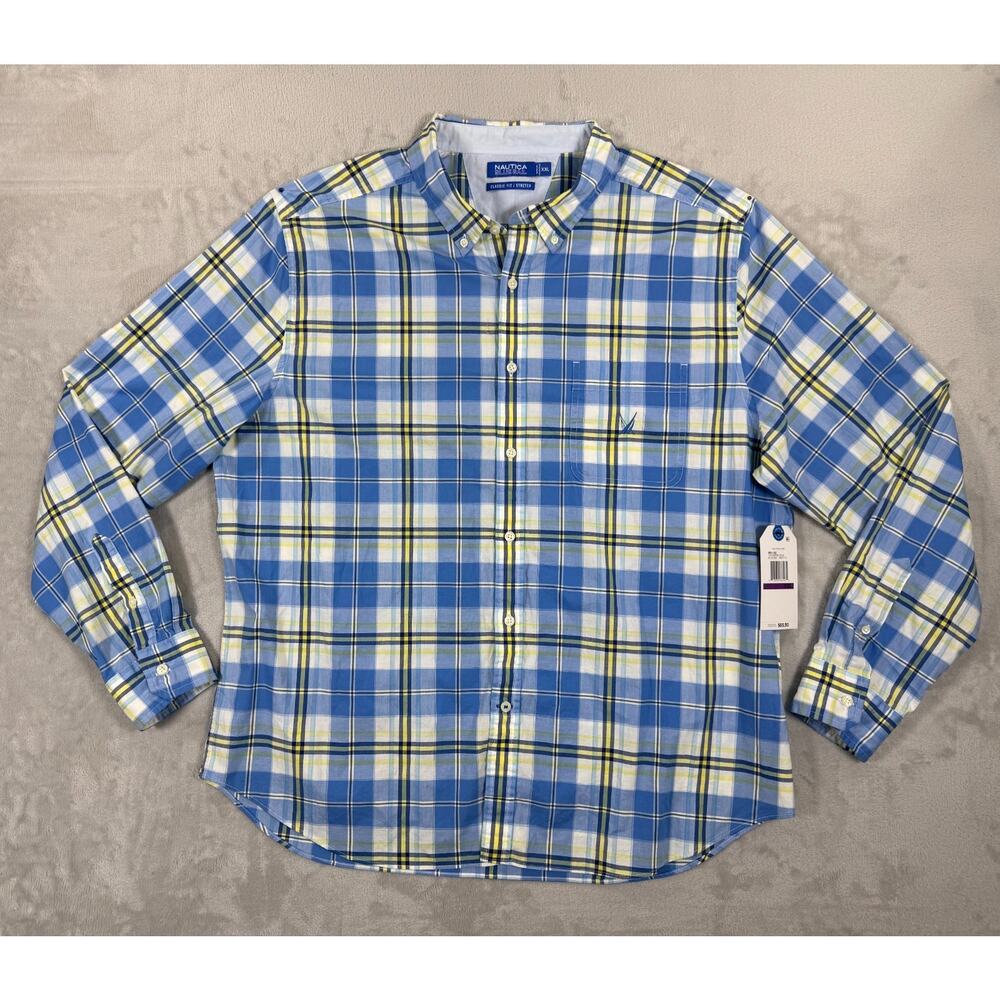 NWT Nautica Blue Sail Men XXL Blue Plaid Button Down Shirt Classic Fit Stretch C